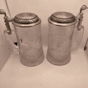 James Meger Etched Glass German Beer Stein DUCKEAGLE  w/ Pewter Duck Head LidSet